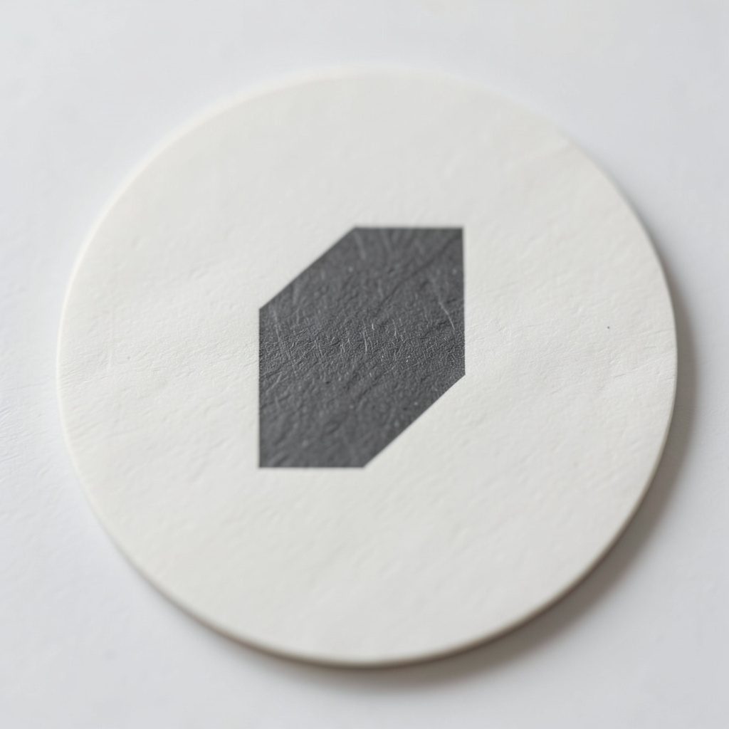 A minimalist abstract icon in soft charcoal on an off-white circular field